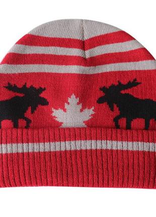 Шерстяная вязаная шапка олень размер one size  красная с белым