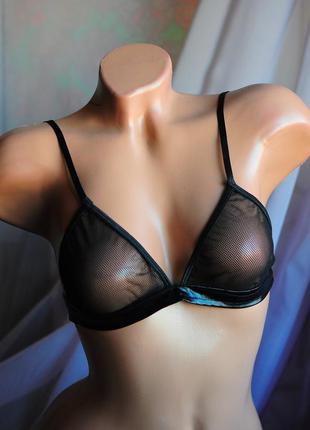 Крутий чорний ліф з еко-шкірою під сітковими чашками в сітку сіточку на бретелях і застібці "зара"