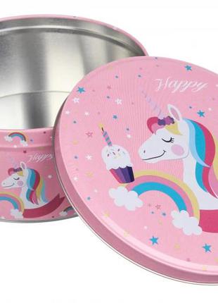 Набор коробки подарочные жестяные 19.5*9 см "единорог" круглые розовые (комплект 3 шт)