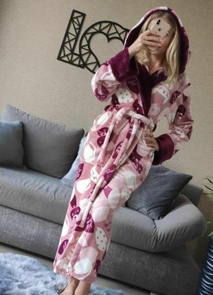 Домашний теплый плюшевый женский халат с капюшоном уютный длинный&nbsp;&nbsp;в универсальном размере 42 — 46 цветов&nbsp;розовые