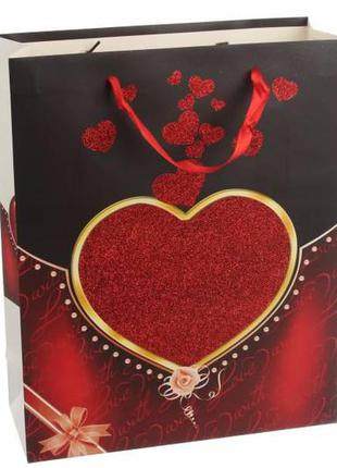 Подарочные пакеты "red heart" с глиттером (м) 32*26*10 см (упаковка 12 шт)