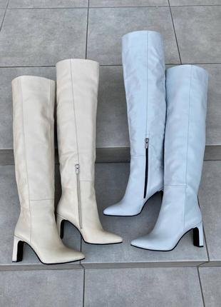 Ботіорти чоботи молочні беж шкіряні с гострим носком на підборах 8 см