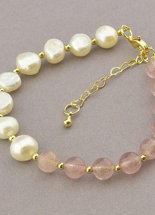 Браслет жемчуг,клубничный кварц