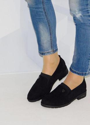 Туфли женские черные низкий ход эко замш1 фото