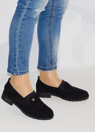 Туфли женские черные низкий ход эко замш3 фото