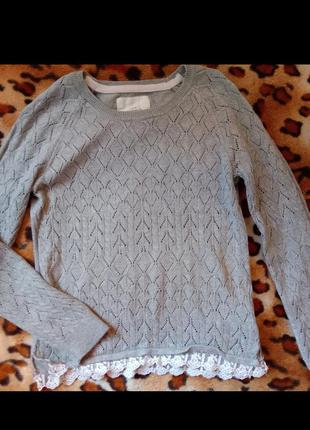 H&m вязаный акриловый джемпер реглан с кружевом девочке 6-8лет.