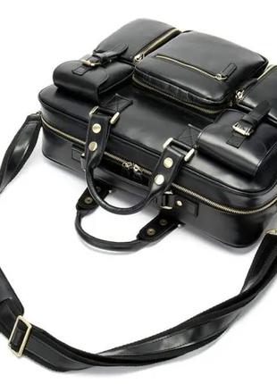 Сумка мужская вместительная кожаная стильная накладные карманы черная
