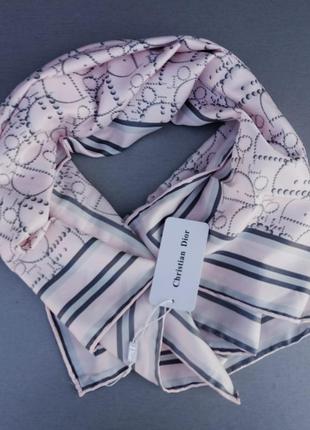 Хустка, шарф жіночий в стилi christian dior шовковий блідо рожевий з сірим