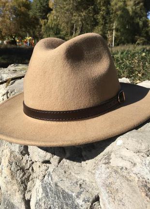 Шляпа федора  furtalk беж кэмел шерстяная с ремешком4 фото