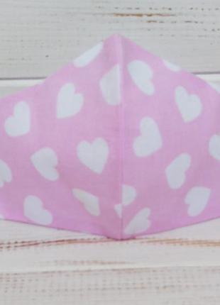 Маска детская розовая с сердечками защитная двухслойная для лица