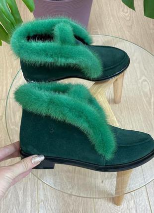 Зелені черевики салатова норка осінь зима натуральні \ черевички норка натуральні осінь зима
