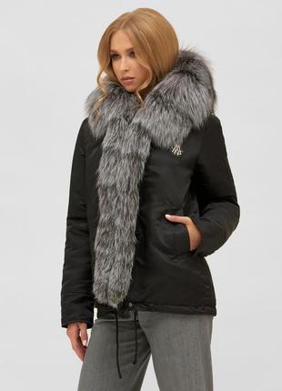 Шикарная  зимняя женская куртка с капюшоном и мехом чернобурки размеры: 44-52