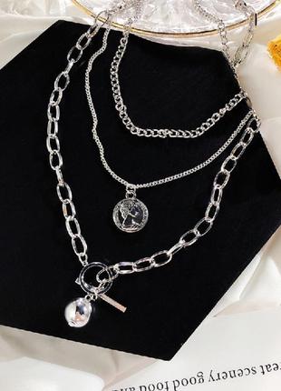 Цепочка 3 цепи колье ожерелье с кулоном монеткой качественная под серебро