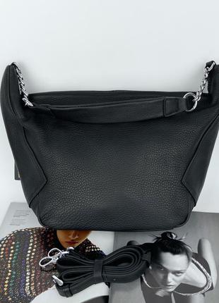 Женская кожаная сумка большая на через плечо чёрная полина polina & eiterou жіноча шкіряна сумка5 фото