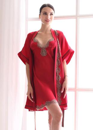 Шелковая женская ночная рубашка и халат "мадрид" красный.  madrid. натуральный шелк 100%