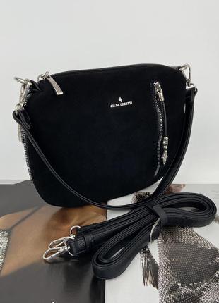 Женская замшевая сумка клатч на через плечо чёрная gilda tohetti жіноча замшева сумка чорна7 фото
