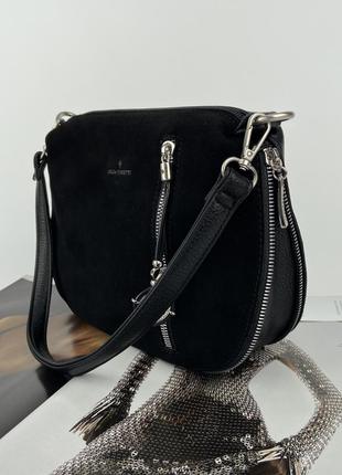 Женская замшевая сумка клатч на через плечо чёрная gilda tohetti жіноча замшева сумка чорна8 фото