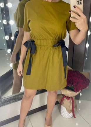 👗прекрасное горчичное платье миди zara/горчичное платье на резинке с чёрными лентами-бантами👗