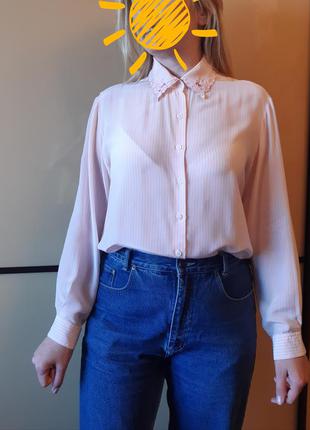 Винтажная шелковая блуза в полосочку с трендовым воротничком вышивка решелье
