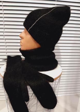 Комплект зимовий шапка бафф рукавиці ангора2 фото