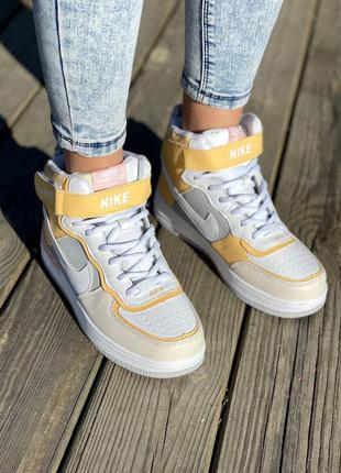 Зимние кожаные женские высокие кроссовки на меху разноцветные nike air force shadow🆕