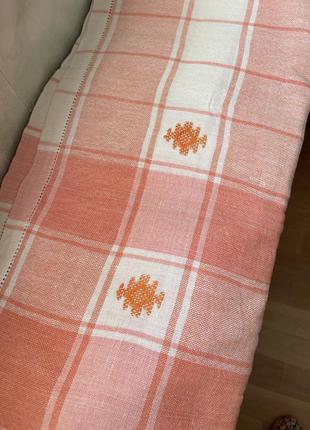 Винтажная льняная белая оранжевая с вышивкой скатерть скатертина.2 фото