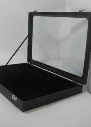 Бархатная коробка органайзер (шкатулка) на 12 отделений со стеклянной крышкой для хранения и продажи украшений