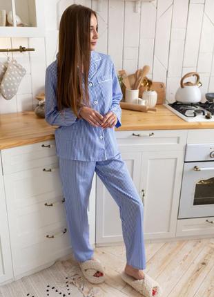 Стильная голубая клетчастая пижама рубашка штаны, хлопковая пижама клетка/натуральна піжама в клітинку, домашній костюм4 фото