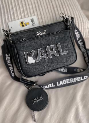 Karl lagerfeld black женская брендовая черная шикарная сумочка с кошельком и ремешком жіноча чорна модна сумка