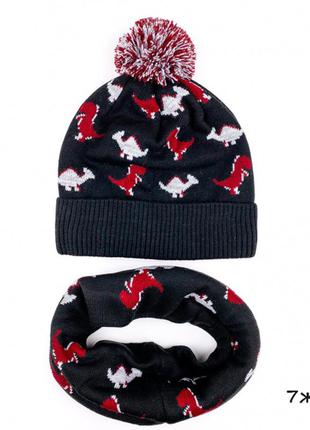 Зимний комплект шапка и хомут,снуд, с динозаврами,шапочка зимняя, на флисе, серая,хаки, синяя,черная6 фото