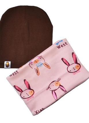 Комплект на флисе шапка и шарф-хомут с рисунком зайчики