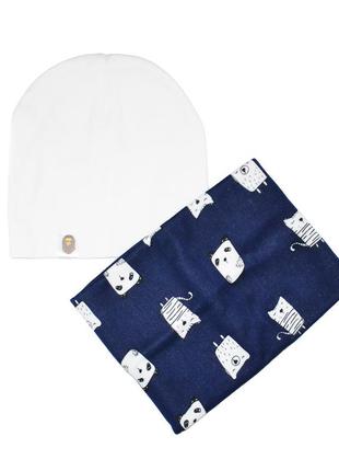 Комплект шапка трикотажна подвійна і шарф-снуд на флісі з принтом котики