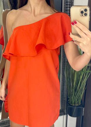 👗восхитительное короткое оранжевое платье на одно плечо/ярко оранжевое платье с рюшами👗2 фото