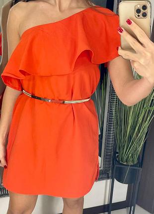 👗восхитительное короткое оранжевое платье на одно плечо/ярко оранжевое платье с рюшами👗