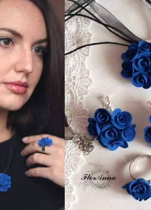 Авторский комплект украшений "синие розы"2 фото