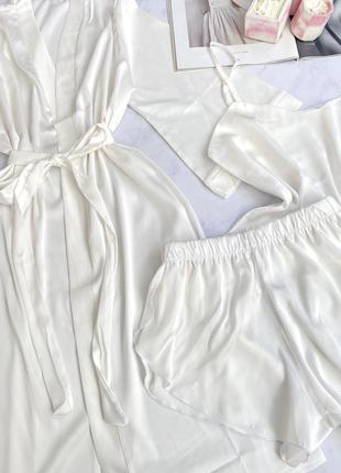 Нежная белая пижама, пеньюар, пижама шелк майка и шорты, халат, утро невесты, шовкова біла піжамка, комплект белья2 фото