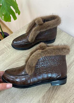 Лофери хайтопи коричнева карамель опушка норка \  ботиночки хайтоп лоферы опушка норка кожа