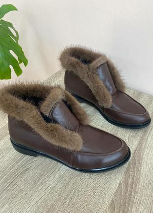 Шоколадні хайтопи лофери коричнева шкіра гладка опушка норка \ лофері опушка норка кожа коричневая