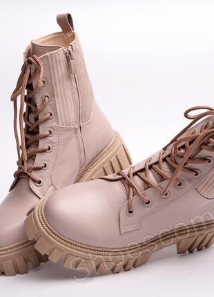 Женские зимние кожаные ботинки teona 21373 бежевые на платформе3 фото
