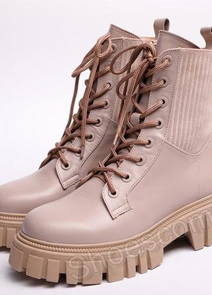 Женские зимние кожаные ботинки teona 21373 бежевые на платформе10 фото