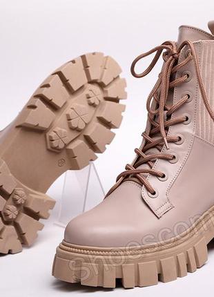 Женские зимние кожаные ботинки teona 21373 бежевые на платформе9 фото