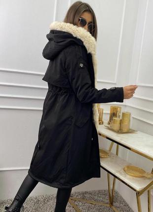 Куртка парка женская зимняя черная длинная с бежевым мехом3 фото