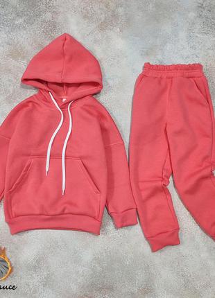 Теплий спортивний костюм для дівчинки, рожевий фліс,корал, чорний3 фото