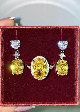 Серьги сережки шикарные женские роскошные красивые стильные серебряные женские с большими желтыми цитринами камнями цирконами пусеты3 фото