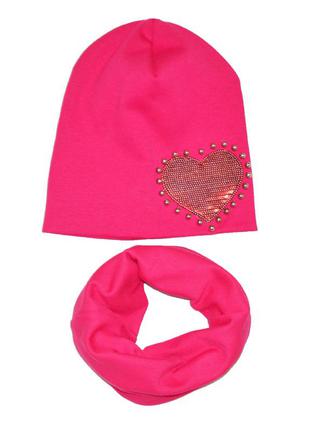 Шапка и шарф-снуд детский девочке с сердечком весенний