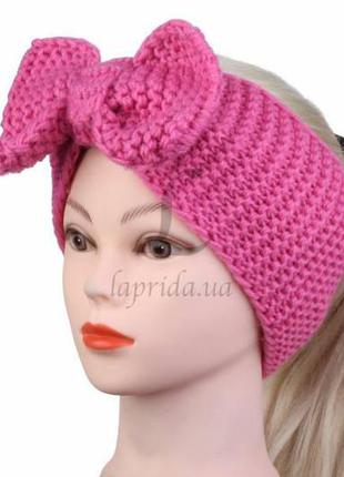 Повязка на голову женская шерстяная с бантом розовая