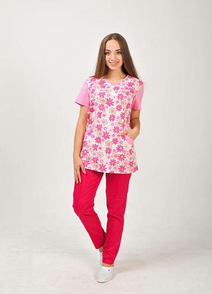 Женский медицинский костюм комбинированный розовый/малиновый+принт