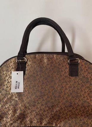 Маленька дорожня сумка саквояж текстильна жіноча коричнево-золотиста