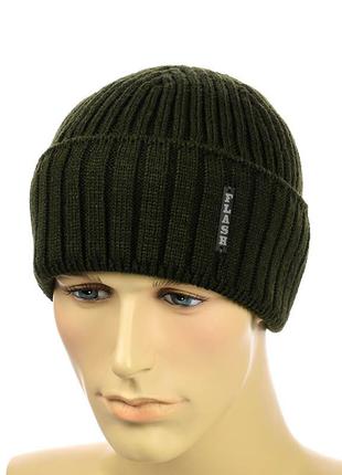 Мужская шапка  с отворотом 2*1 хаки