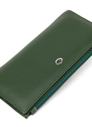 Красивий жіночий шкіряний гаманець довгий розкладний з монетницой st leather зеленого кольору